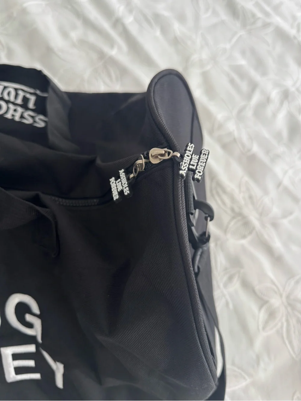 Black Duffel Bag with Bold White 'DRUG MONEY' Branding
